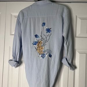 Blue Button Down - Tiger Embroidery